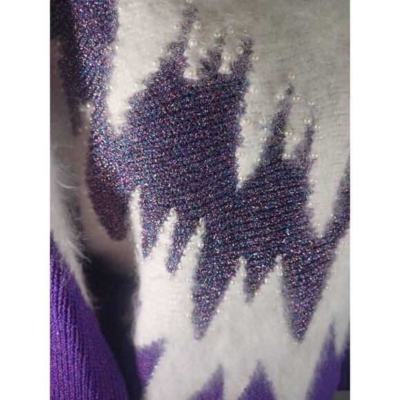 Vintage 80s Hollywood Luxury Purple Metallic White Angora Pearls Sweater M - Picture 8 of 16